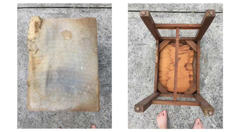 Top and bottom photos of thrifted foot stool before refurbishment.