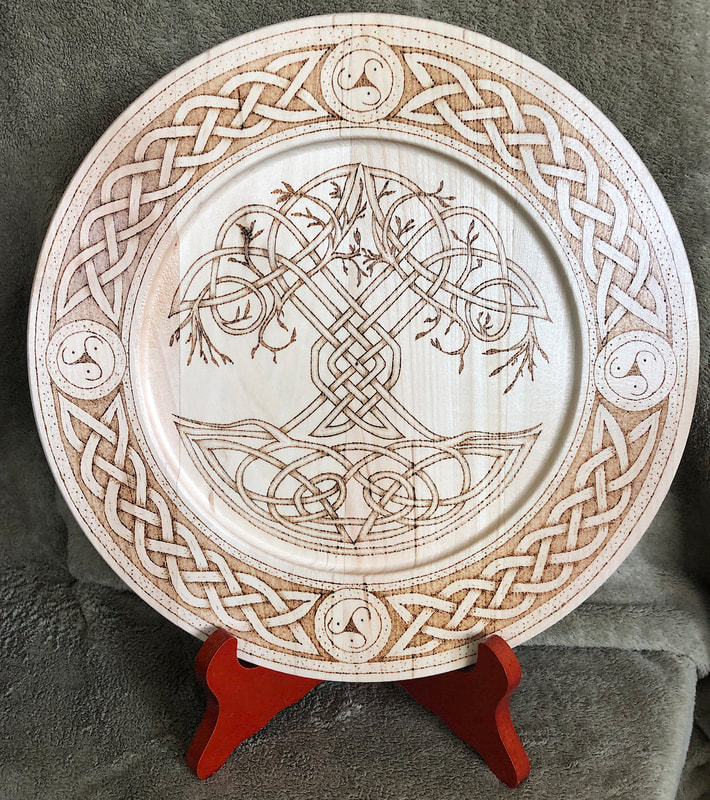 Celtic Tree of Life hand drawn and wood burned onto a decorative plate