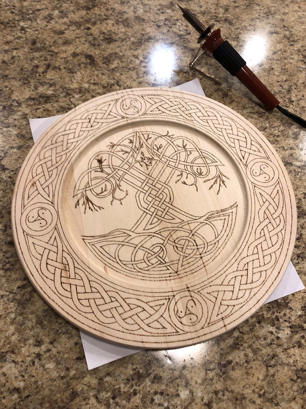 Celtic Tree of Life wood burned decorative plate in progress.