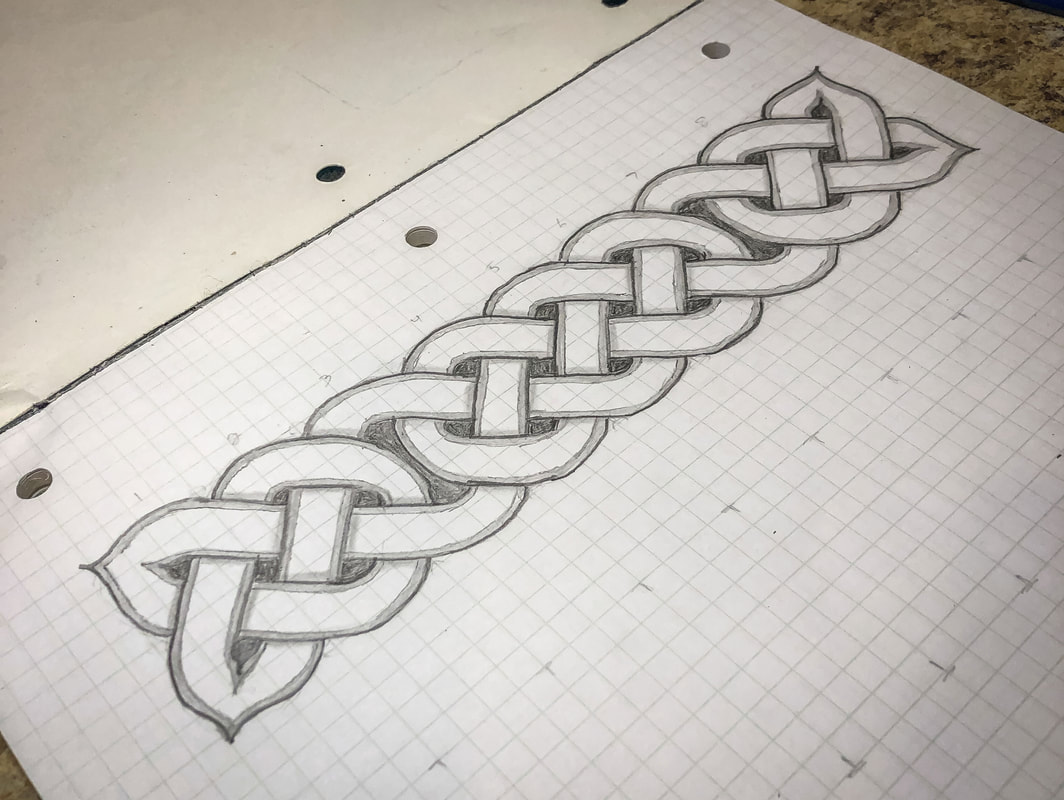 Pencil drawn Celtic knot on grid paper.
