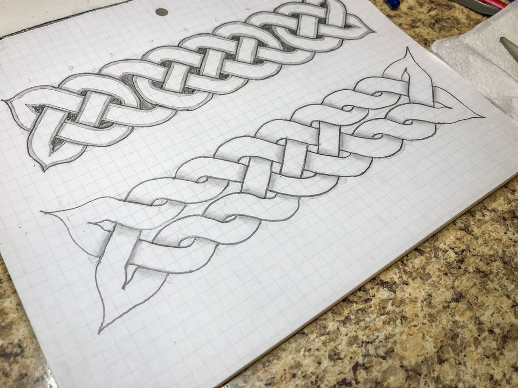 Stylized hand drawn Celtic knots on grid paper.
