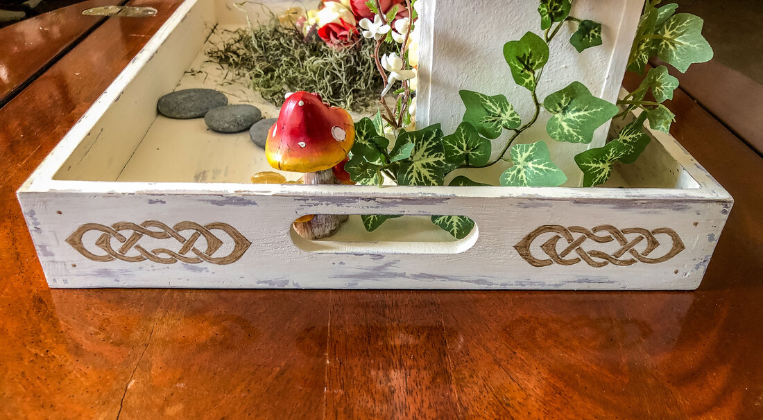 DIY hand painted tray with painted Celtic knot.