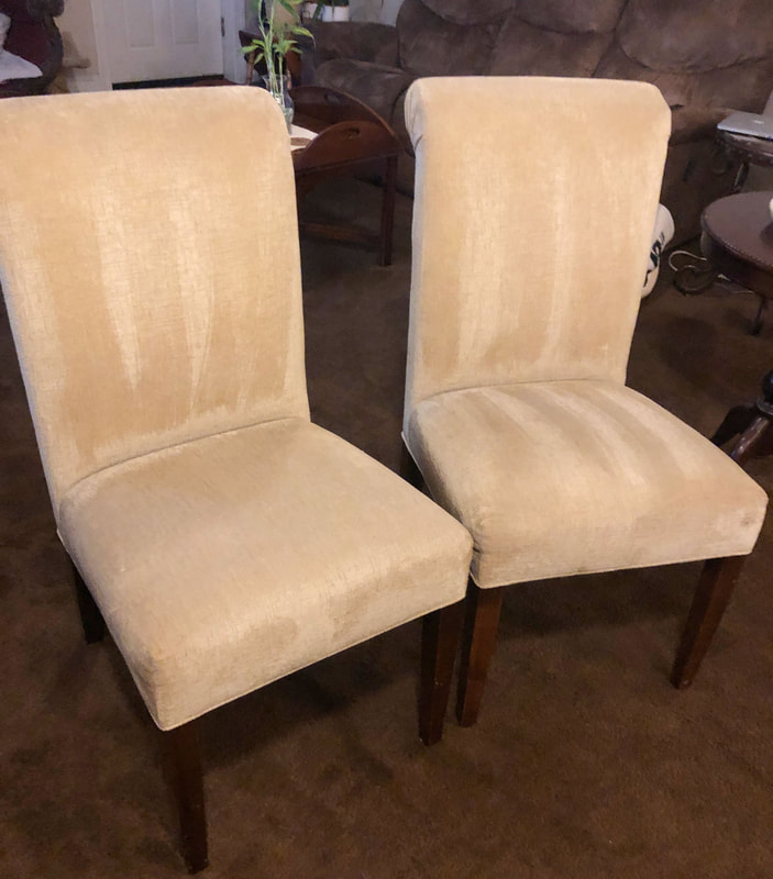 Two side chairs with recently cleaned upholstery.