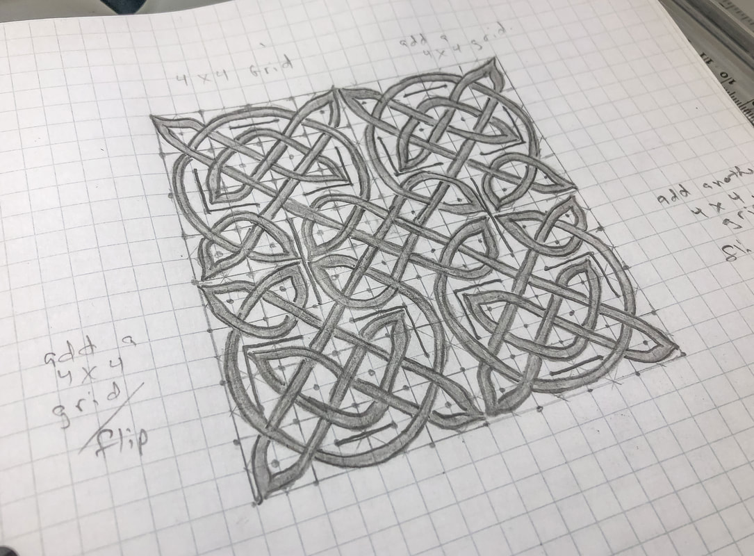 Celtic knot pattern drawn on four 4 x 4 grids.