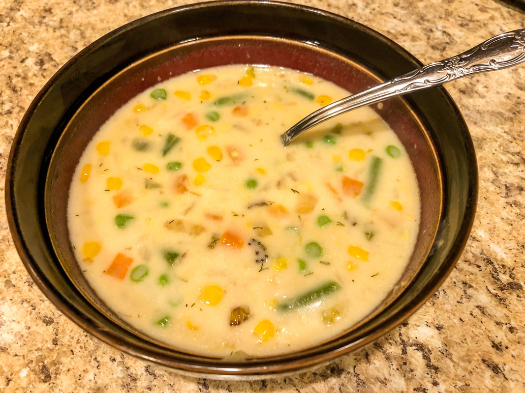 Salmon chowder soup in a bowl.