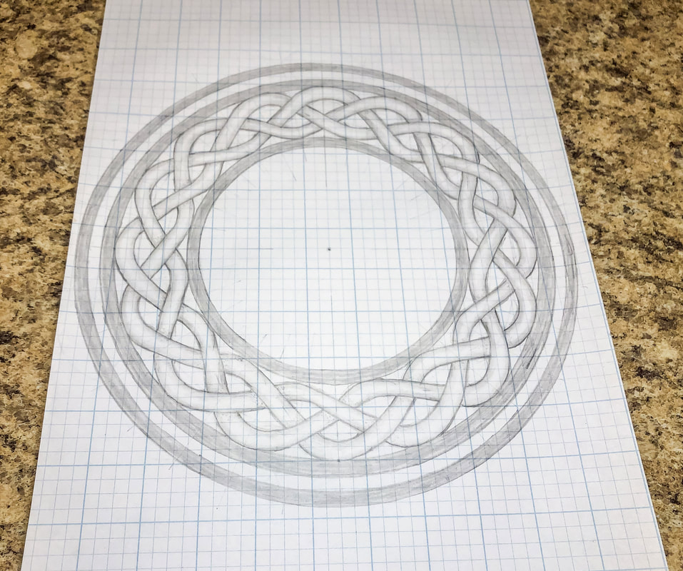 Circular Celtic knot on grid paper inside concentric circles.