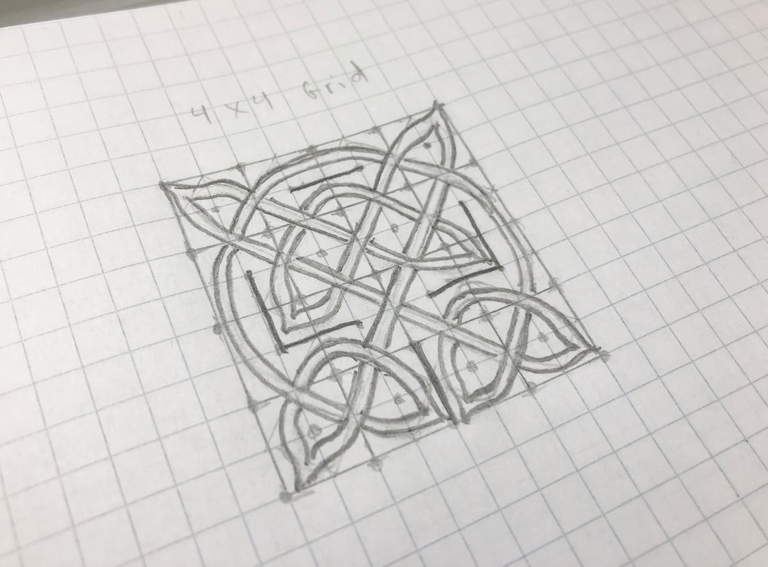 Celtic knot pattern drawn on a 4 x 4 grid.