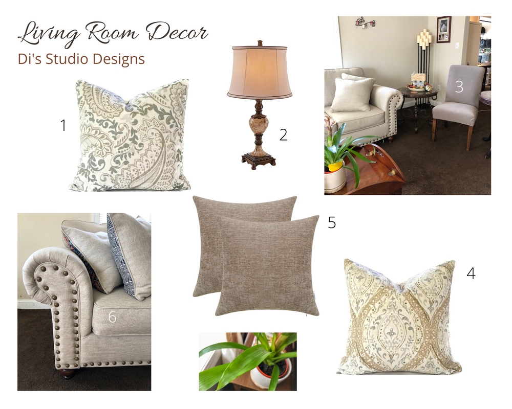 Mood board showing neutral decor for a cozy living room.