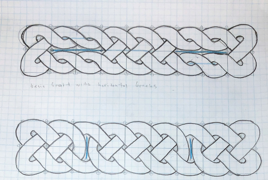 Celtic knots with breaks on grid paper.