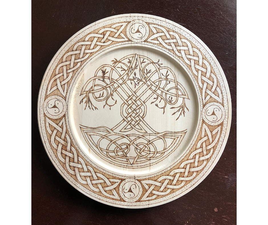 Celtic Tree of Life plate with hand drawn wood burned design