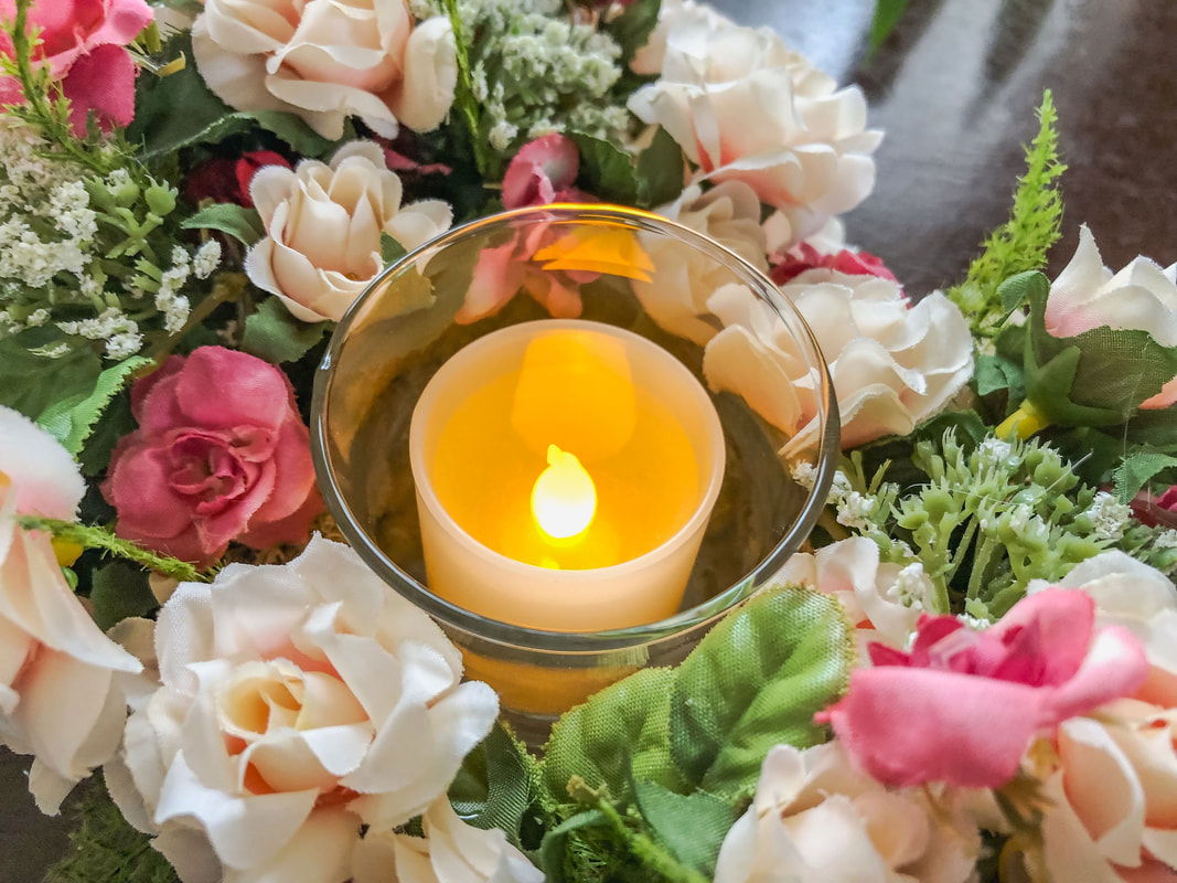 Closeup of miniature faux rose candle holder made by Di's Studio Designs.