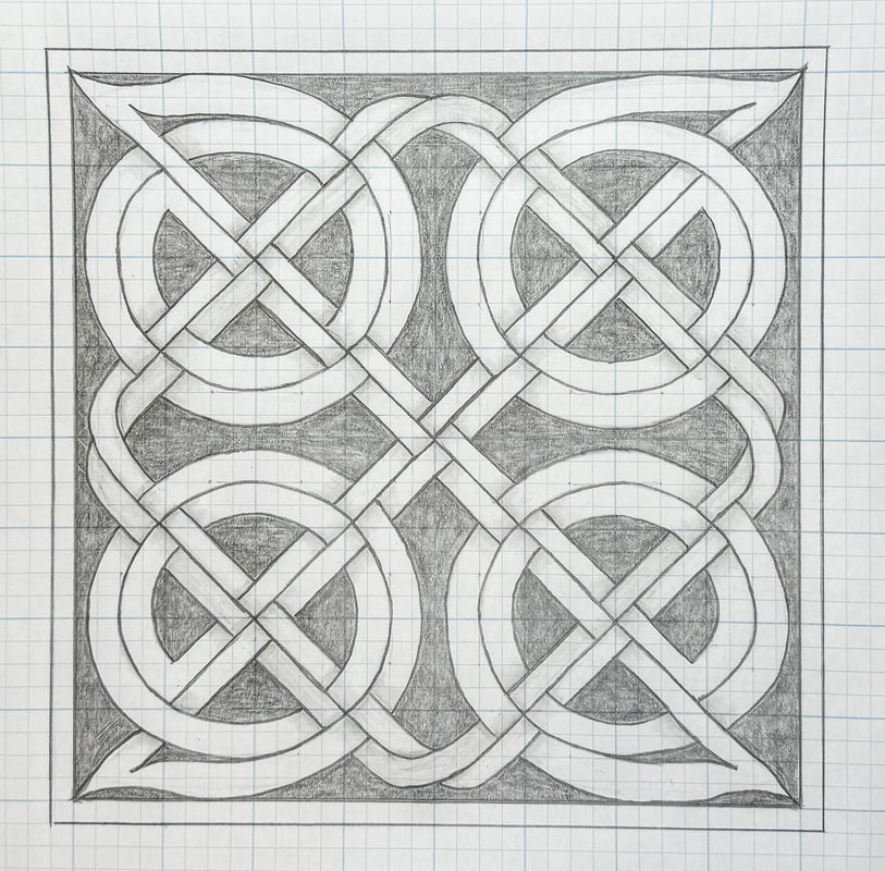 Pencil drawing on grid paper of a spiral knot pattern