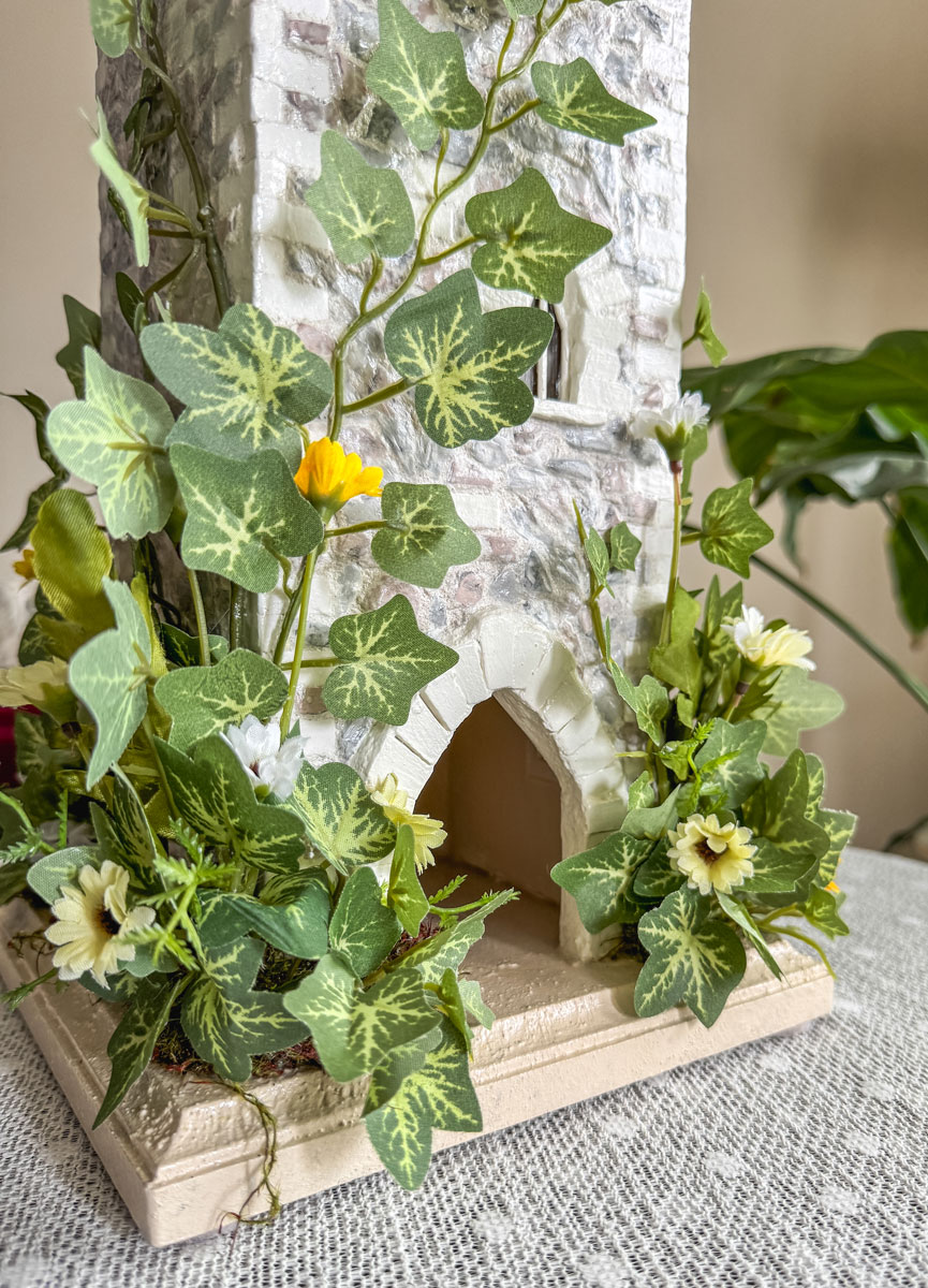 Closeup view of the back of a handcrafted fairy castle.