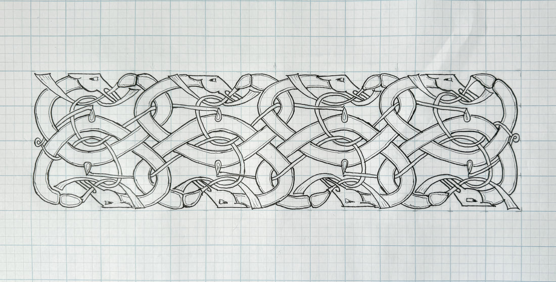 Line drawing of a Celtic zoomorphic interlace design.